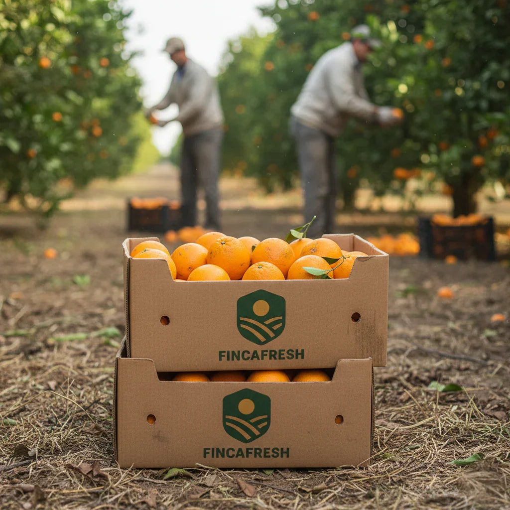 Frisch geerntete Orangen in Fincafresh-Kisten auf andalusischem Feld, alles passiert vor Ort.